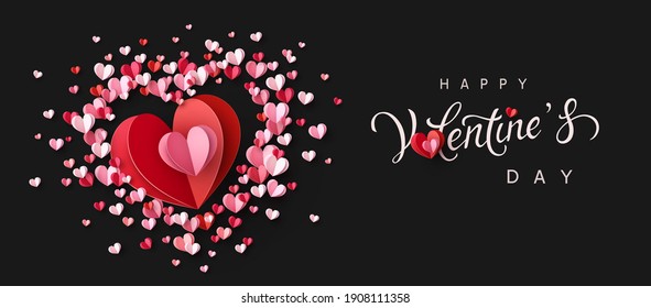 Valentine's Day greeting card with pink and red paper confetti hearts on black background. Vector symbols of love frame poster or romantic banner