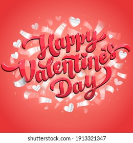 Valentine's day greeting card - pink love day vector card with Happy valentine's day quote and confetti on pink background. Vector illustration