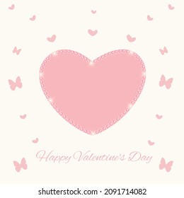 Valentine's day greeting card with pink hearts, butterfly and beads.