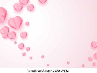 Valentine's Day Greeting Card with Pink Paper Elements in Shape of Heart Flying on Pink Background. Vector Symbols of Love for Happy Women's, Mother's, Valentine's Day, Birthday Design Romantic Banner