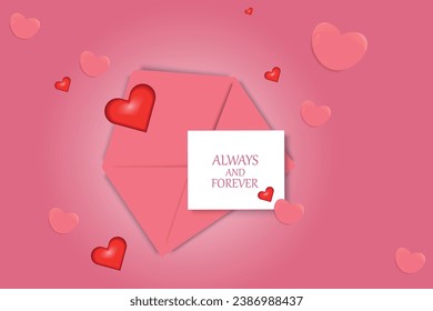 Valentine's Day greeting card with pink envelope and love letter. Cute vector illustration for holiday.