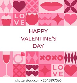Valentine's day greeting card with pink elements and geometric shapes. Template for Valentine holiday design. Vector illustration