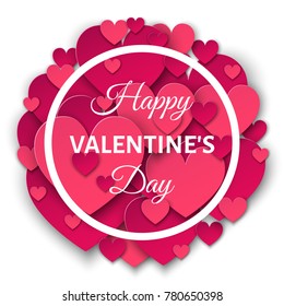 Valentines day   greeting card  with pink  cut paper hearts.  Weeding design elements in flat style. Vector  illustration for  party invitation  flyer, sale  banners templates.