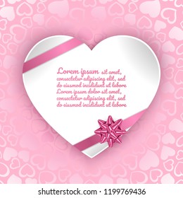 Valentine's day greeting card, with a place for text in the shape of hearts and a background of seamless pattern with hearts, vector illustration