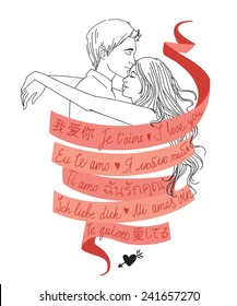 Valentine's Day greeting card. Portrait of hugging young couple twisted by red ribbon with words "I love you" in many various languages