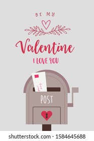 Valentine's day greeting card with post box and love letter. Cute vector illustration in flat style with lettering
