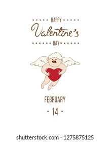 Valentine's day greeting card, postcard or party invitation template with  amour carrying heart in hands. Holiday cartoon comic illustration. 