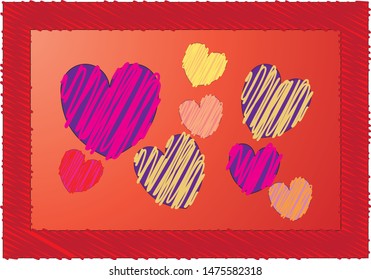 Valentines Day Greeting card poster with red border, red, blue and yellow hearts