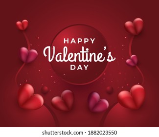 Valentine's Day greeting card or poster with red hearts scattered on the red paper cut background. Holiday gift card. Romantic background with 3d decorative objects. Vector illustration