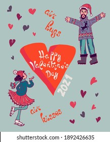 Valentine's day greeting card or poster with handwritten font drawn in cartoon-doodle style picturing air kisses and hugs due to required social distance in winter 2021