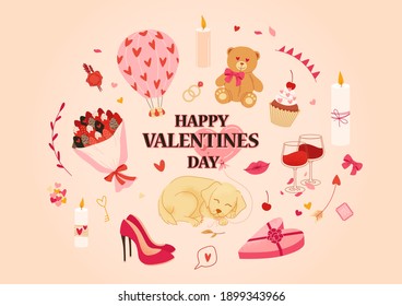 Valentines Day greeting card. Poster with cute love symbols and romantic icons, objects for Valentine's Day: hearts shape, sweets, cake, gifts, candle. Vector illustration. Flyer, invitation.