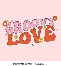 Valentines day greeting card, poster, banner in trendy retro groovy style