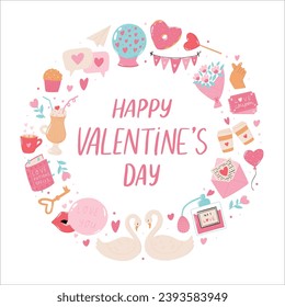 Valentine's day greeting card, poster, banner, print, invitation design with frame of doodles and lettering quote. EPS 10