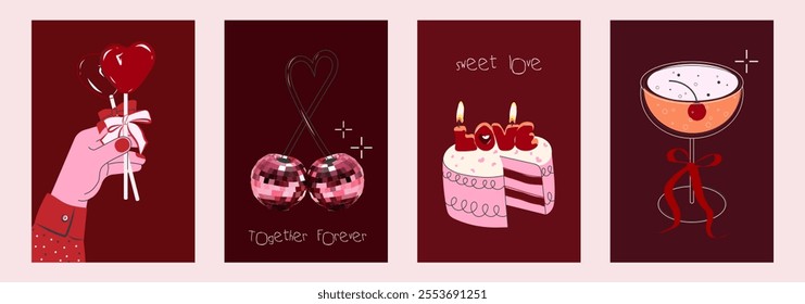  Valentine's day greeting card, poster. Heart Lollipops, Disco Ball Cherries, Love Cake, and Cherry Cocktail Illustrations. Perfect for Romantic. Hand drawn doodle cartoon style concept