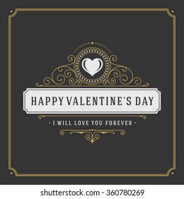 Valentine's Day greeting Card or Poster and Heart vector illustration. Retro typographic design golden style on black background. Happy Valentines Day background, Valentines Card, Love Concept.