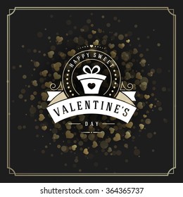 Valentine's Day greeting card or poster vector illustration. Retro typographic design and heart shape on Golden Sparkles background. Happy Valentines Day background, Valentine Card, Love Concept.