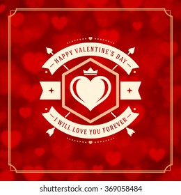 Valentines Day greeting card or poster vector illustration. Retro typographic design and Red Bokeh Lights Hearts Sparkles background. Happy Valentines Day background, Valentines Card, Love Concept.