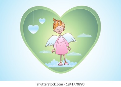 Valentine's Day greeting card for print. A little angel stands on a cloud, on a green background and hearts.