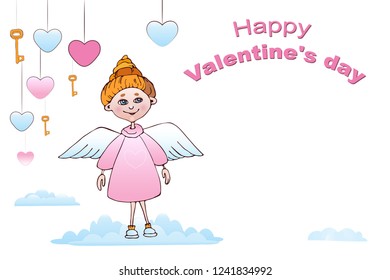 Valentine's Day greeting card for print. Little angel stands on a cloud, on a white background with key hearts.