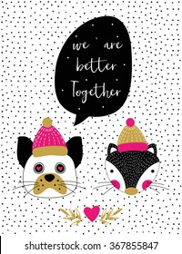 Valentines Day Greeting Card with pug and fox. Love lettering. Perfect for valentines day, stickers, birthday, save the date invitation.