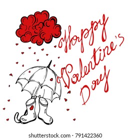 valentine's day greeting card rain of hearts, umbrella, rubber boots, vector illustration
