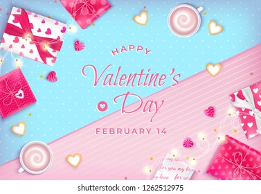 Valentine's Day Greeting Card with realistic gifts, cups of coffee, cookies, garlands, heart-shaped candies. On abstract pink and blue background. Vector illustration. Horizontal banner. Top view.