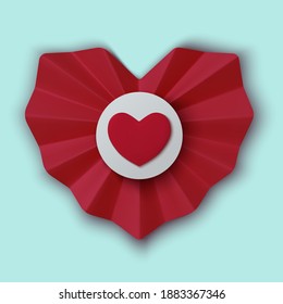 Valentines Day greeting card. Realistic 3d red paper hearts on blue background. Love and wedding. Template for products, web banners and leaflets. Vector illustration