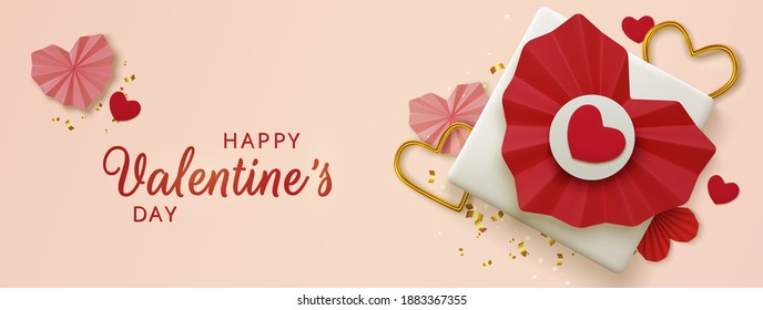 Valentines Day greeting card. Realistic 3d red paper hearts and gift on pink background. Love and wedding. Template for products, web banners and leaflets. Vector illustration