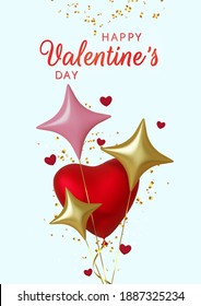 Valentines Day greeting card. Realistic 3d pink balloons hearts and gold stars on blue background. Love and wedding. Template for products, web banners and leaflets. Vector illustration