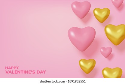 Valentines Day greeting card. Realistic 3d pink and gold hearts. Love and wedding. Template for products, web banners and leaflets. Vector illustration