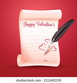 Valentine's day greeting card in realistic parchament paper with quill pen with red background . Valentine's day ilustration for message or letter. Perfect concept ilustration for couple