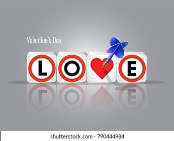 Valentine's day greeting card. Realistic Love sign with heart and dart arrow. Vector illustration.