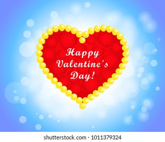 Valentines day greeting card, red hearts in heart of beads on blue background, greeting inscription - Happy Valentine's Day