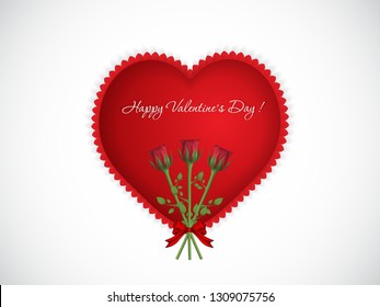 Valentine`s Day Greeting Card With Red Roses On Pillow Heart , Vector Illustration