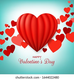 Valentine's day greeting card with red hot air balloon heart. Happy valentine day banner. Love decorative concept design on blue background. Vector illustration. Sale poster