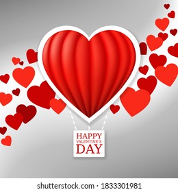 Valentine's day greeting card with red hot air balloon heart. Love decorative concept design on white gray background. Happy valentine day banner. Sale poster. Vector illustration