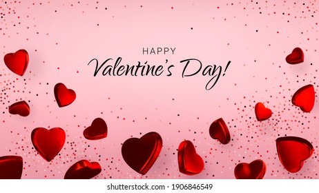 Valentine's day greeting card. Red hearts background. Vector illustration with realistic shiny red metallic hearts, hearts confetti, and Happy Valentine's day inscription isolated on pink background.