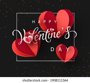 Valentine's Day greeting card with red paper hearts and white frame on black background. Vector symbols of love poster or romantic banner