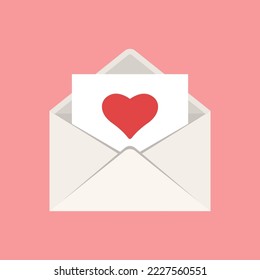 Valentine's Day greeting card with red heart in white envelope. Vector flat icon illustration