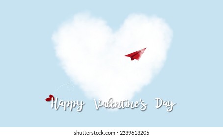 Tarjeta de saludo de San Valentín con avión de papel rojo volando hasta nubes de corazones blancos sobre fondo azul del cielo,Concepto de emoción de amor 3D vectorial con forma de corazón en el cielo para afiches, folleto,banner 