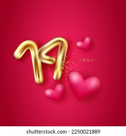 Valentine's day greeting card. Red hearts, gold digits and gold confetti on red background