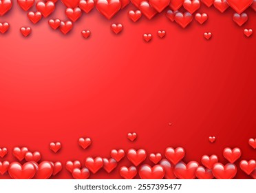 Valentine's Day greeting card with red hearts flying scattered over background. Symbol of love and spring, sprayed