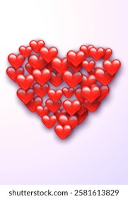 Valentine's Day greeting card with red hearts flying scattered over background. Symbol of love and spring, sprayed