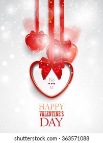 Valentine's day greeting card with red heart-shaped decorative items.