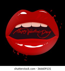 Valentine's day greeting card, red lips and brush pen lettering, vector illustration
