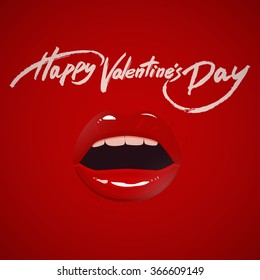 Valentine's day greeting card, red lips and brush pen lettering, vector illustration