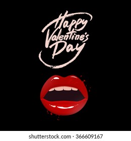 Valentine's day greeting card, red lips and brush pen lettering, vector illustration