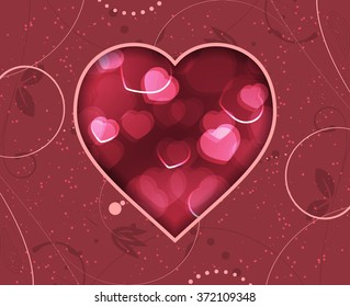 Valentines Day greeting card with red blurry hearts and floral pattern. Vector illustration.