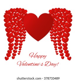 Valentine's Day greeting card with a red heart and angel wings. Vector illustration of love holiday background.