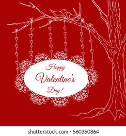 Valentine's Day Greeting card with red background and birds white silhouette. Birds in love sitting on a tree branch.